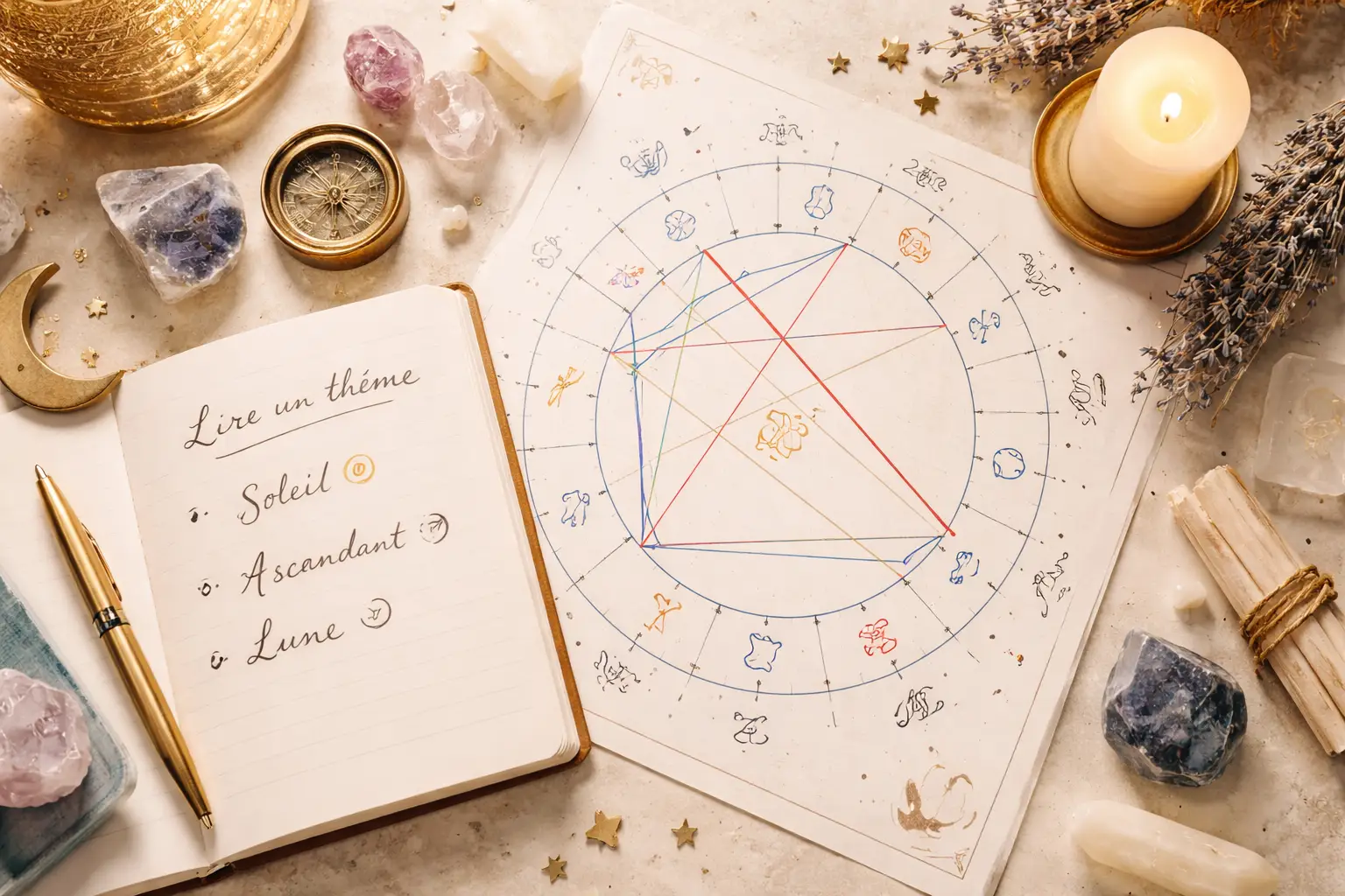 Lecture de thème astral, carnet et symboles célestes