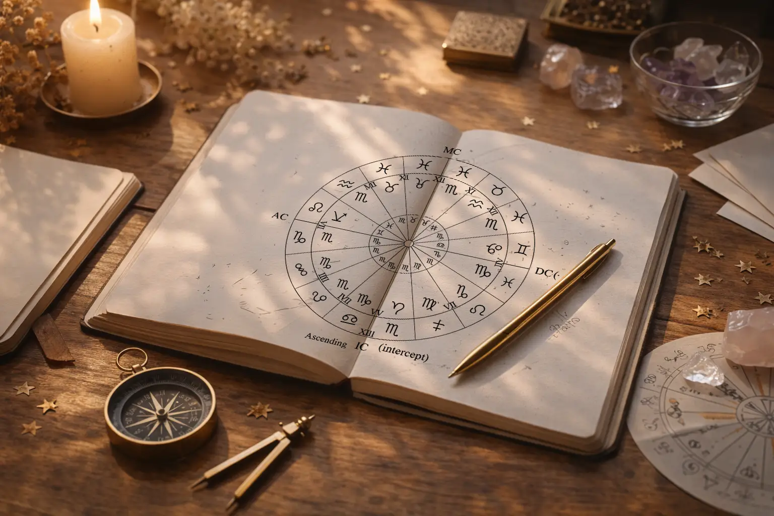 Carte du ciel stylisée sur papier, règle et crayon, ambiance douce et minimaliste