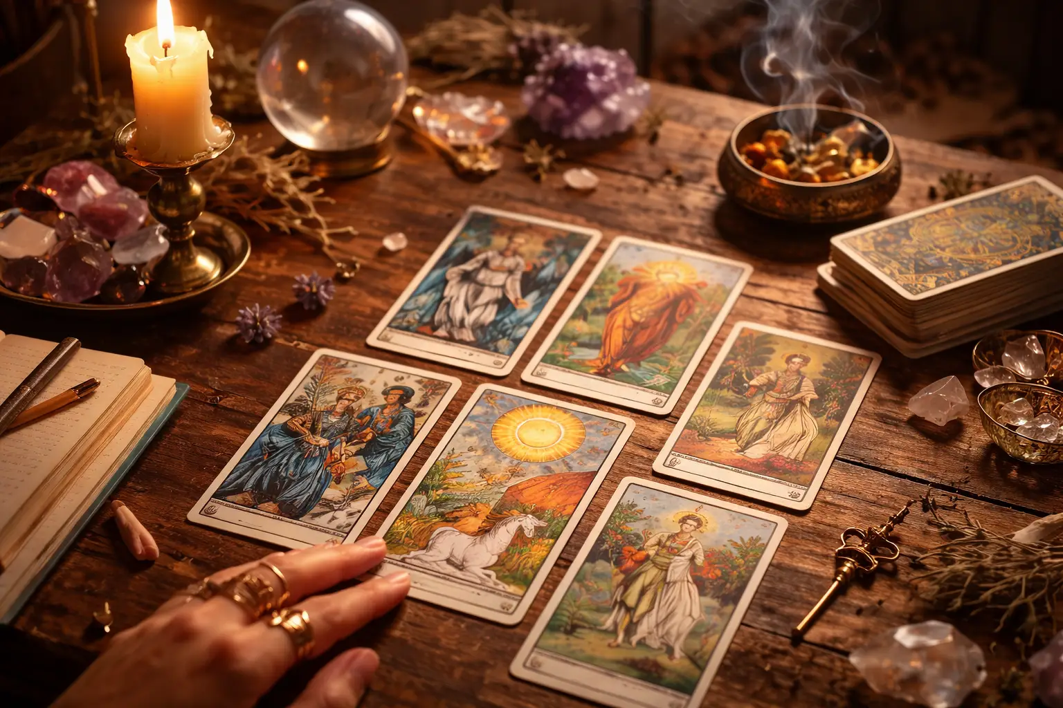 Jeu de tarot sur une table, ambiance chaleureuse, lumière douce, sans texte