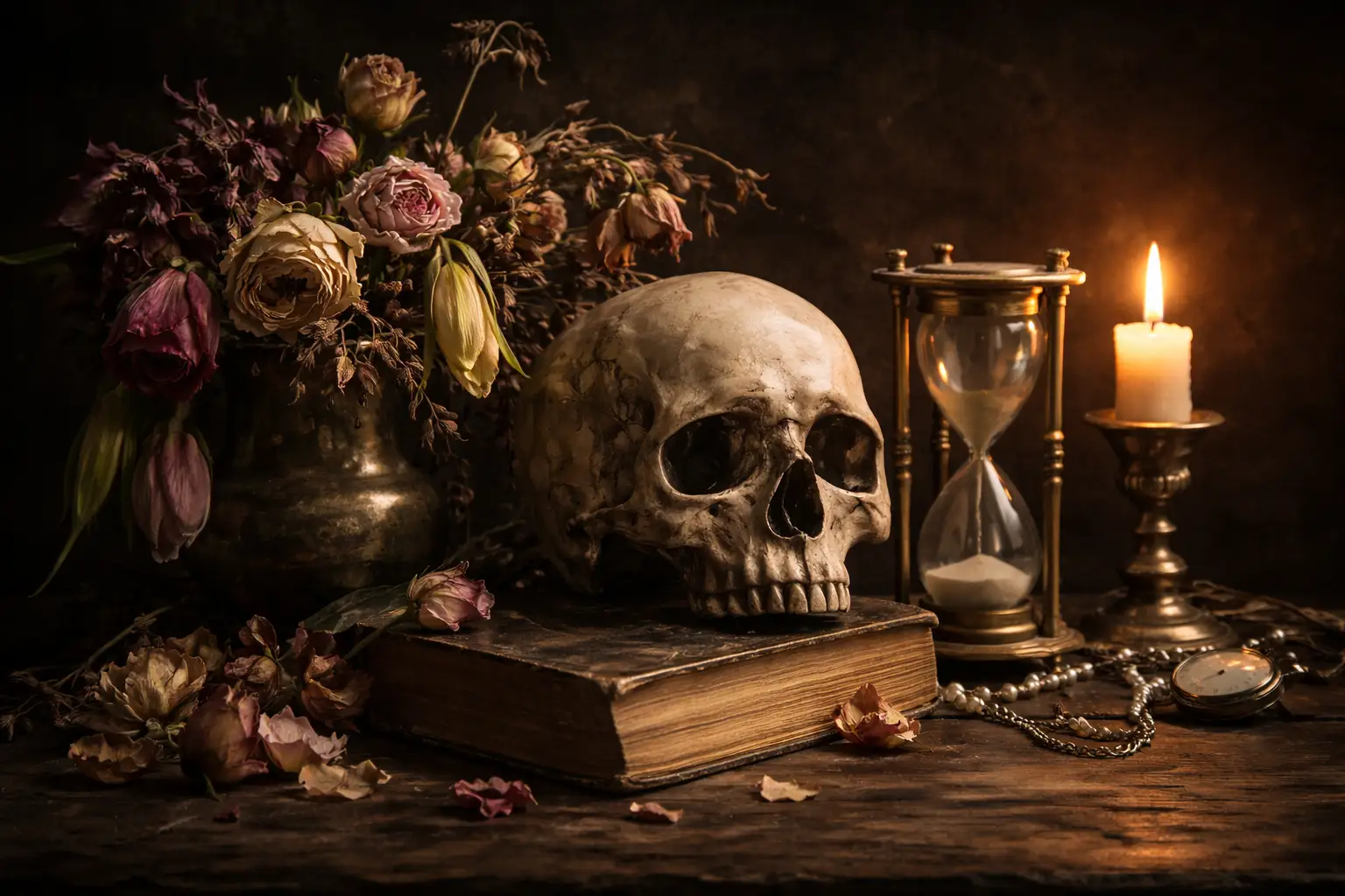 Nature morte avec crâne, fleurs fanées, sablier et lumière douce